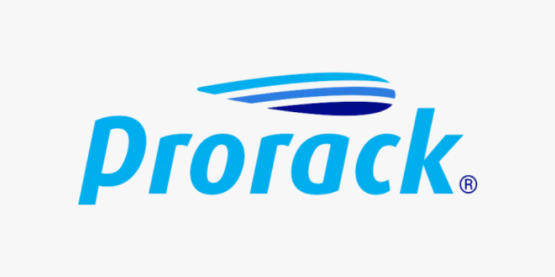 The prorack logo is blue and white with a blue swirl.