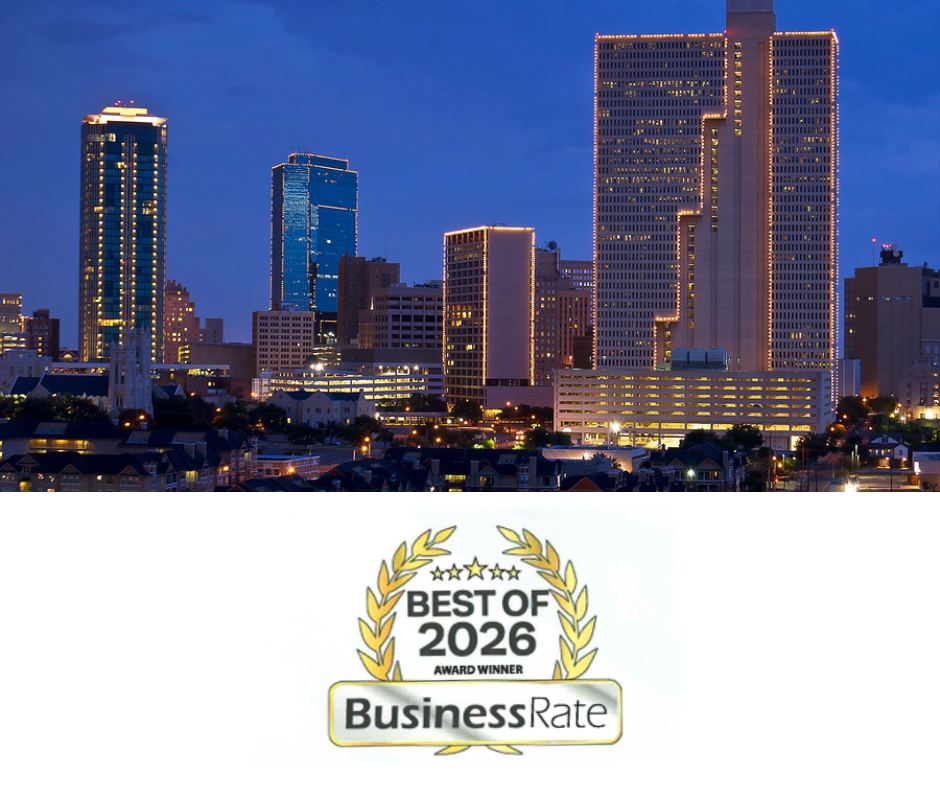 Skyline of Fort Worth in the evening along with a BusinessRate logo