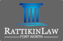 A logo for rattikin law fort worth with a blue column