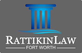 A logo for rattikin law fort worth with a blue column