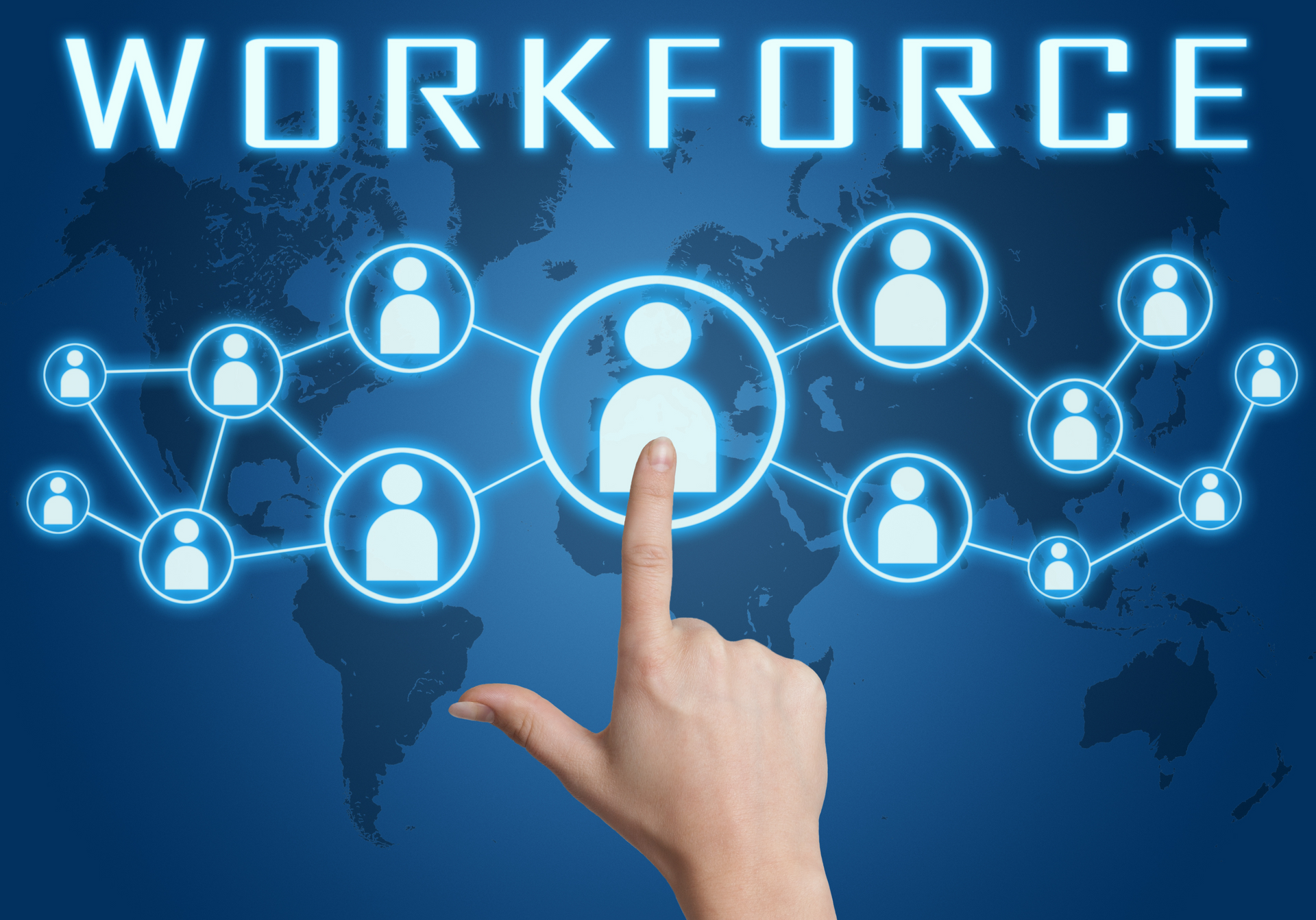 Workforce concept with hand pressing social icons on blue world map background