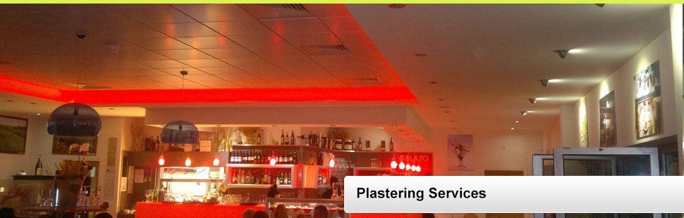 Suspended ceiling and newly plastered walls in a restaurant