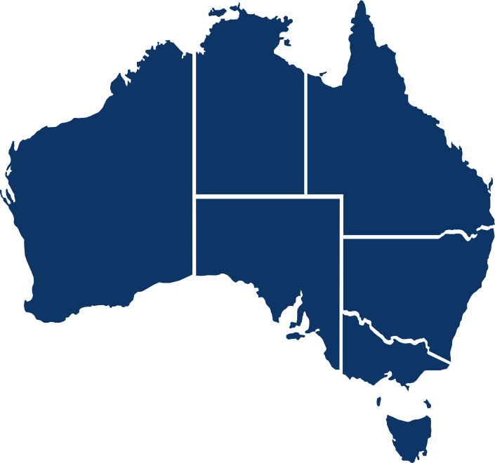 A blue map of australia divided into states on a white background