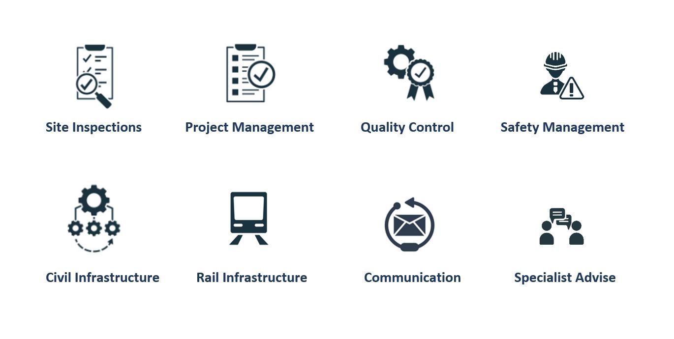 A set of construction icons on a white background.