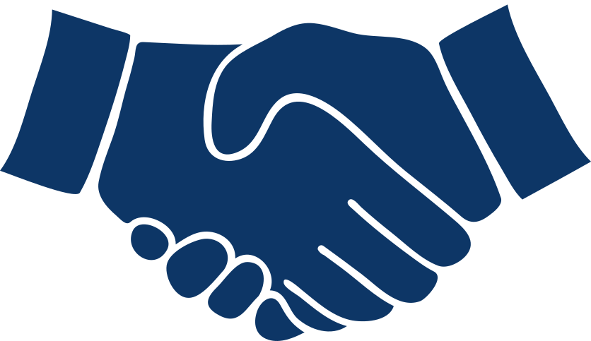 A blue handshake between two people on a white background.
