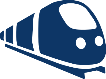 A blue train icon on a white background.