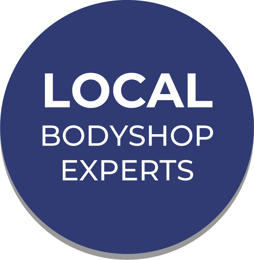 A blue circle with the words local bodyshop experts on it