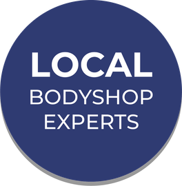 A blue circle with the words local bodyshop experts on it