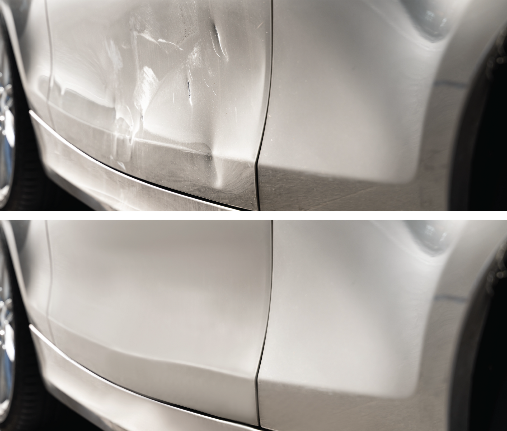 A before and after picture of a car with a damaged bumper.