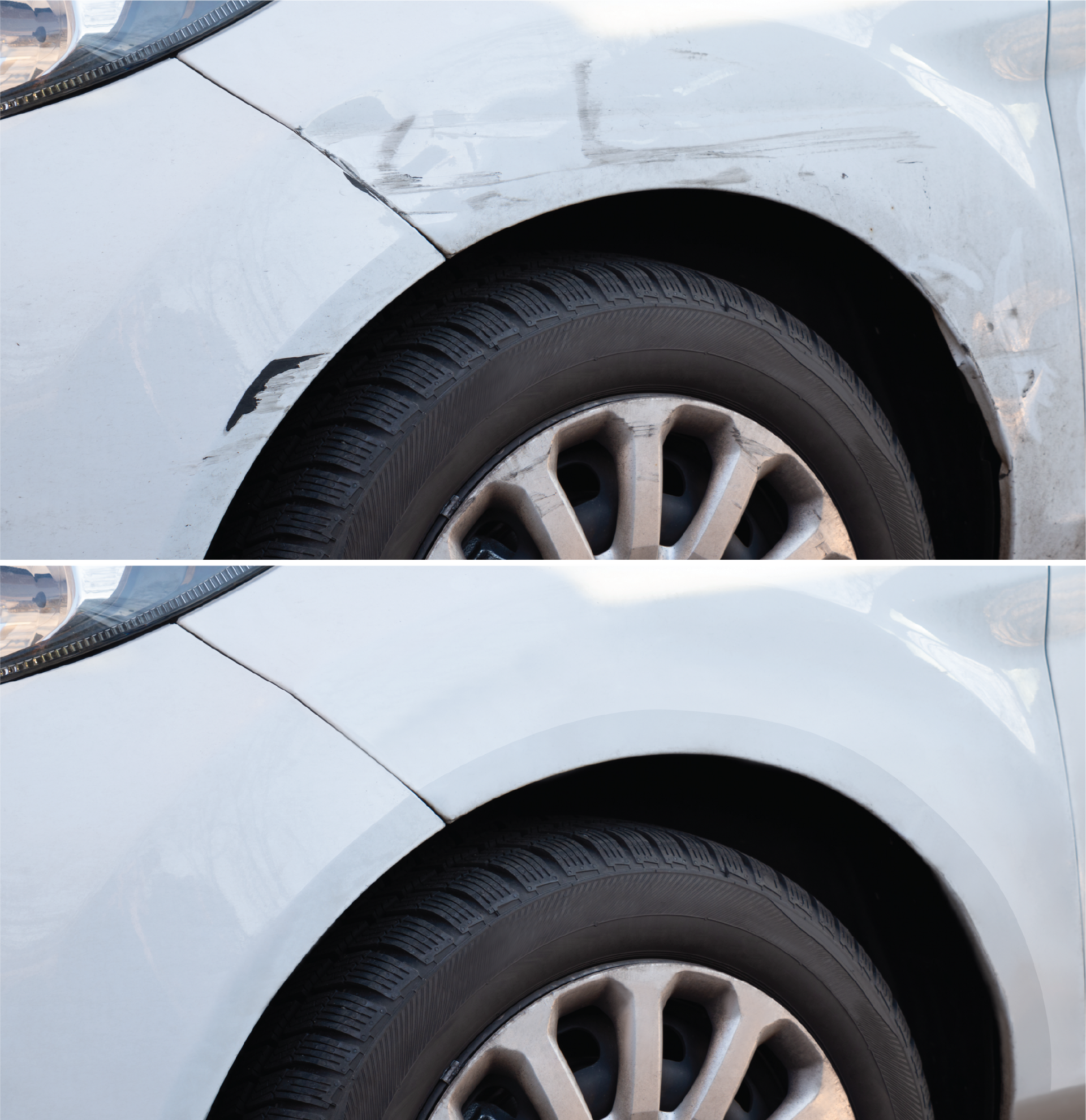 A before and after picture of a car with a fender damage