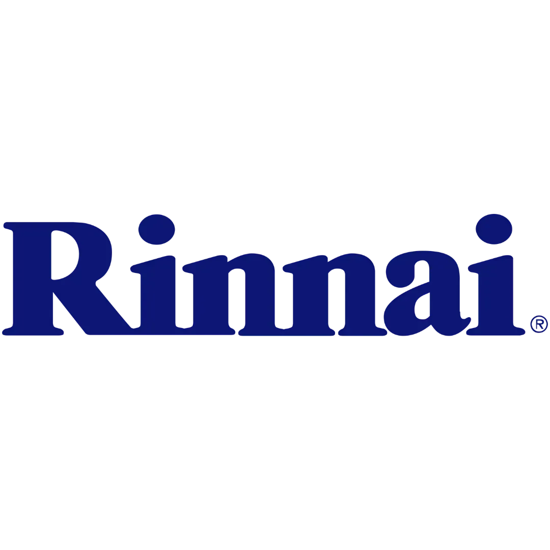 The logo for rinnai is blue and white on a white background.