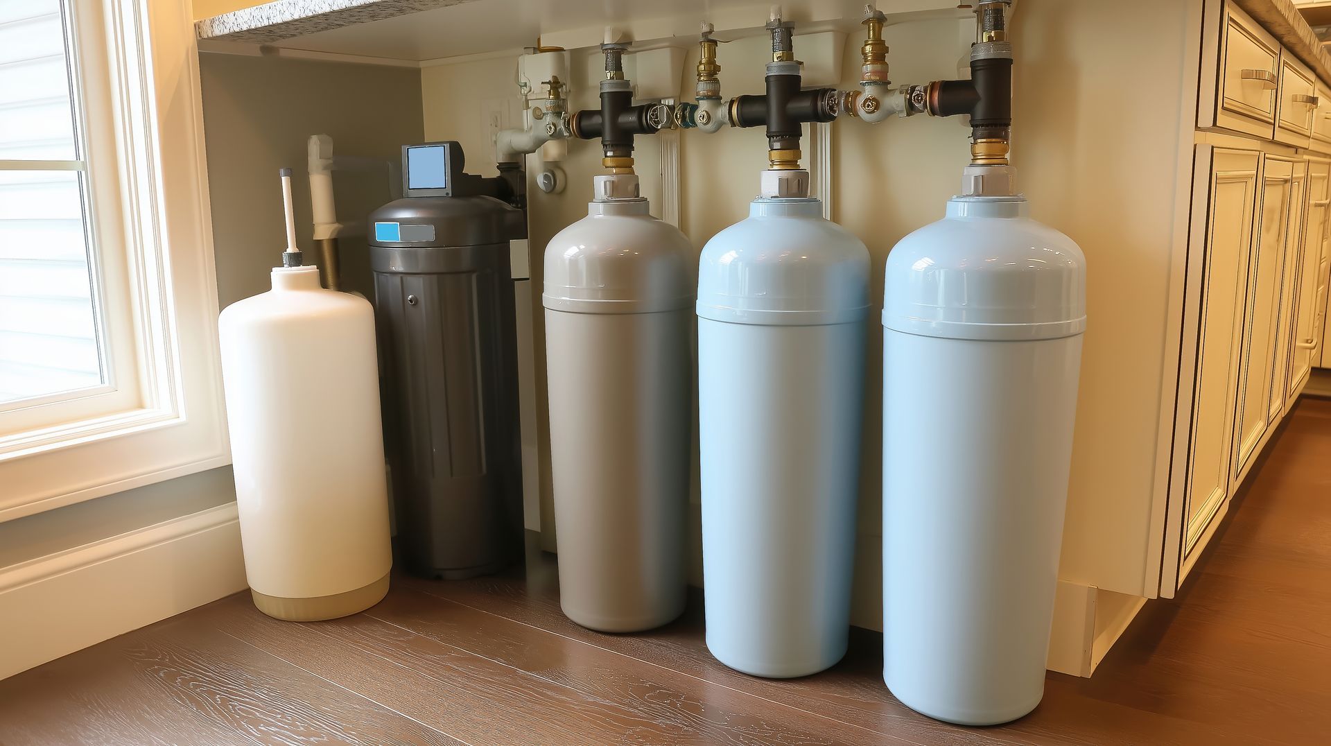 Four light blue and one dark gray cylinders with fixtures under a counter.