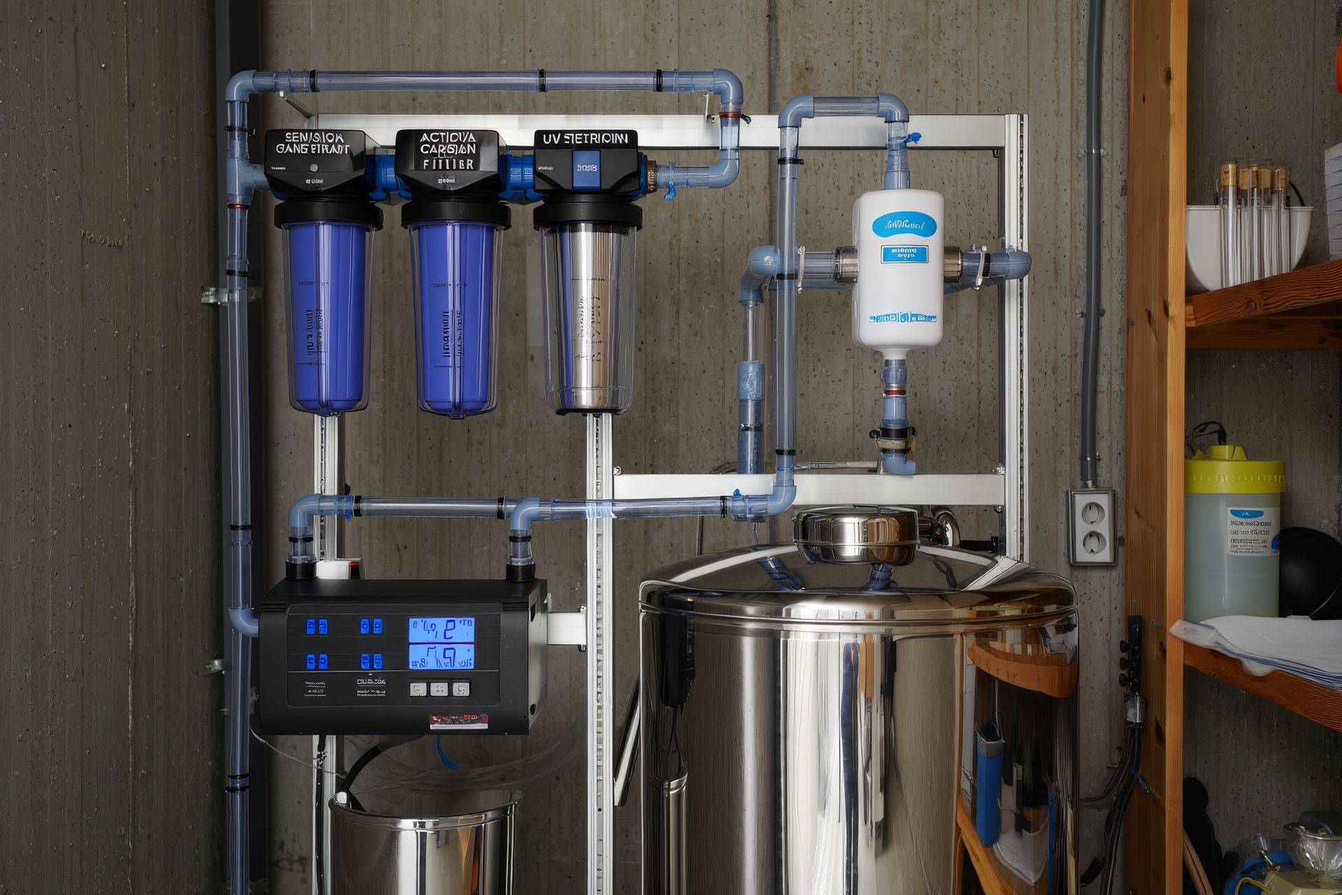 A home water filtration system with blue filter housings, a digital control panel, and a large stainless steel tank.      