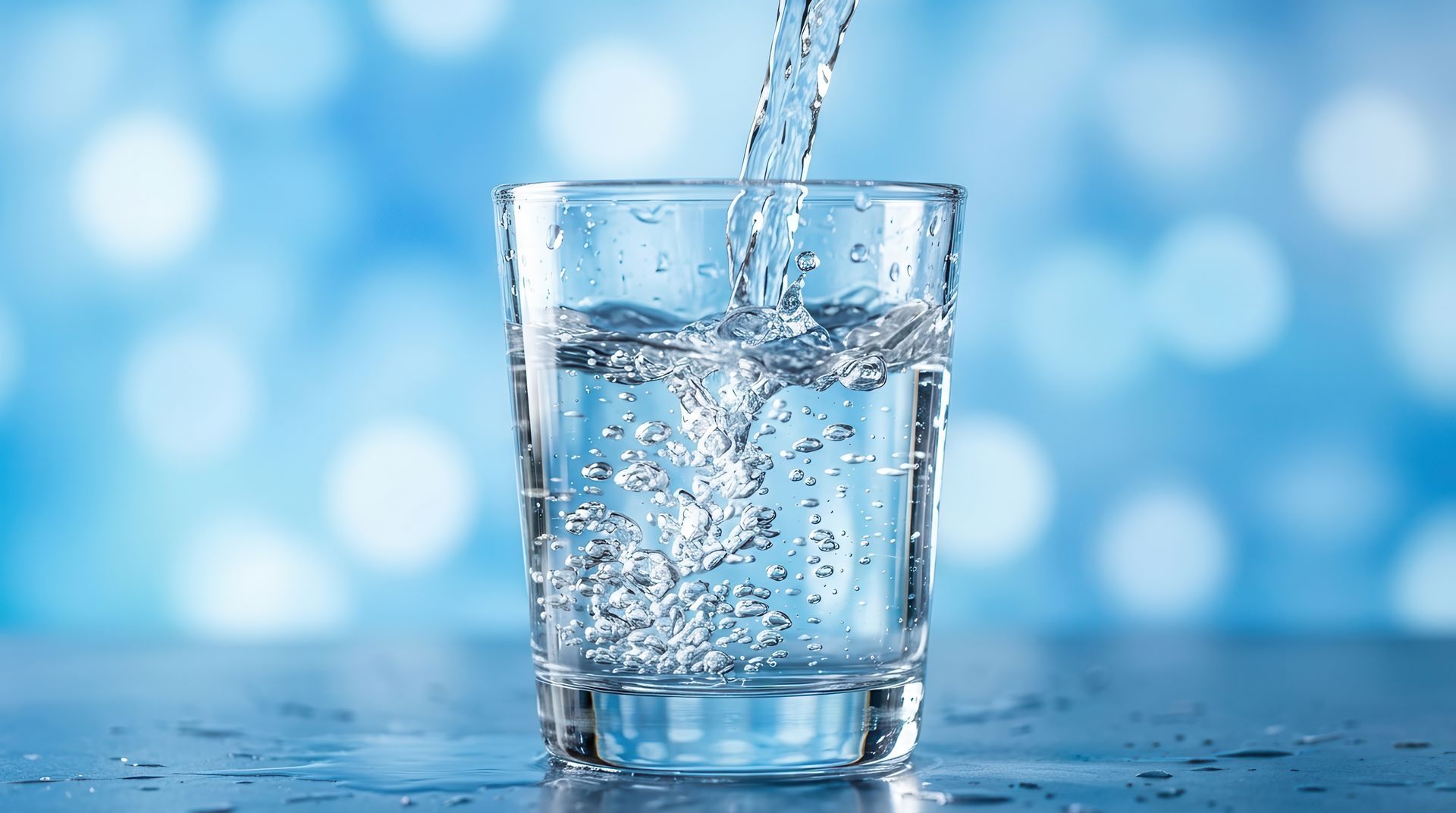 Clear water pouring into a glass on a blue background