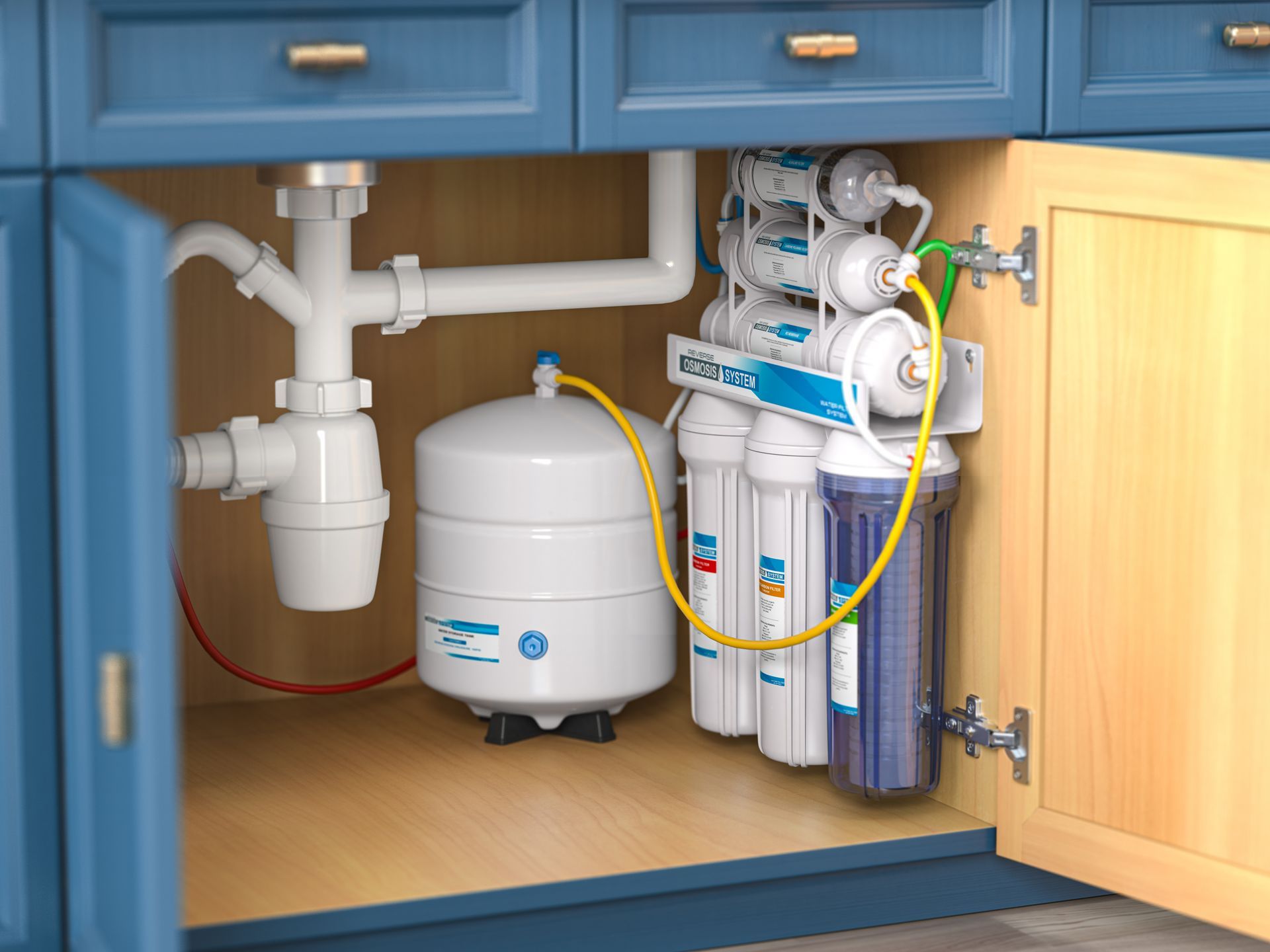 Reverse osmosis water filter system installed under a blue kitchen cabinet.