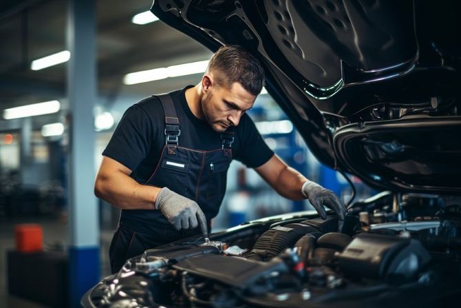 Mechanic inspecting a car engine in a garage, wearing gloves and dark overalls