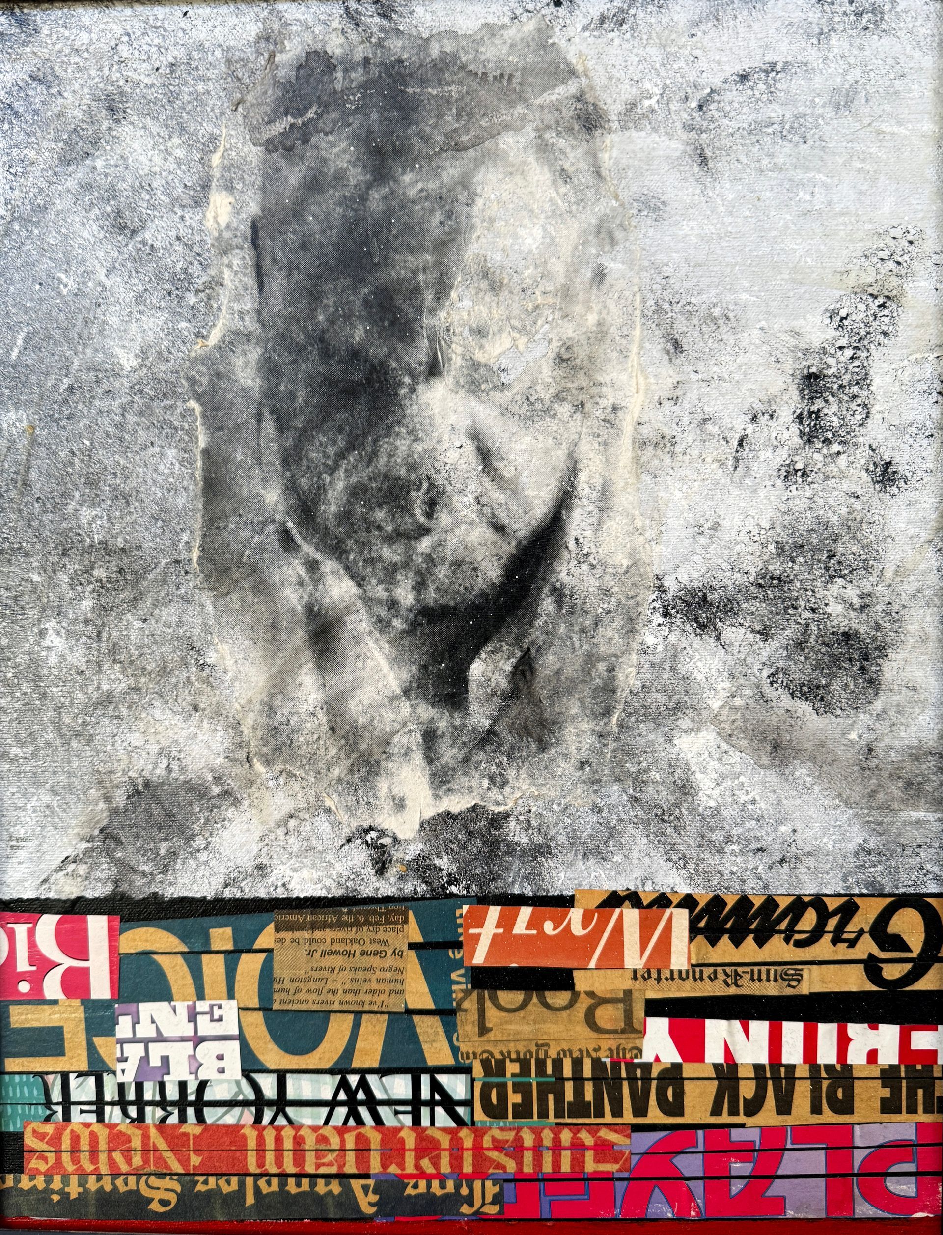 B/Wm grey man looking down
Black & White/Red All Over
mixed medium, photo transfer
14x18
2003
Artist collection   first self-portrait