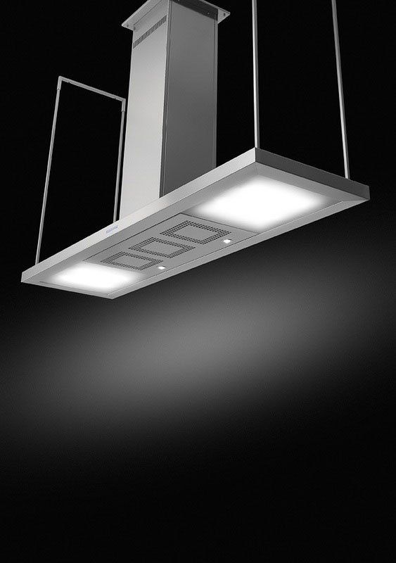 a kitchen hood suspended from the ceiling with lights