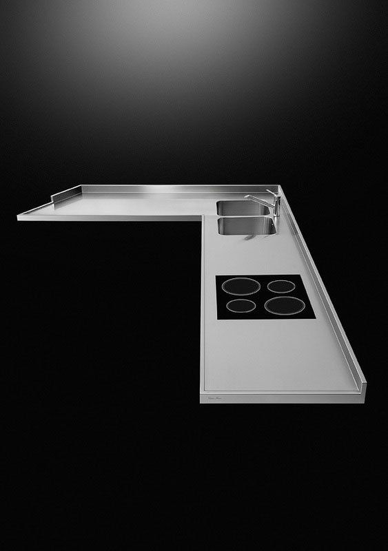the top of a steel kitchen on a black background