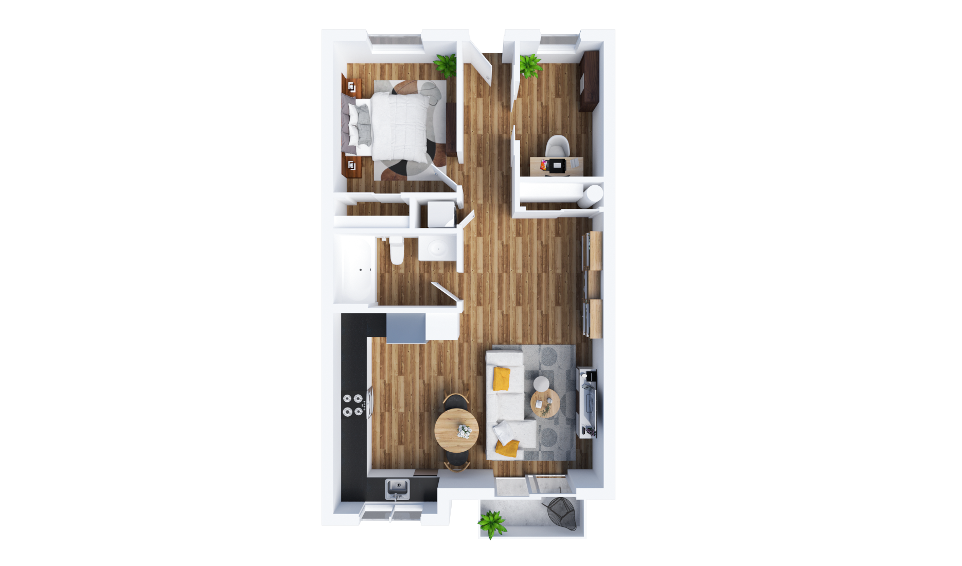 An aerial view of a floor plan of a one-bedroom, one-bathroom apartment with a den.