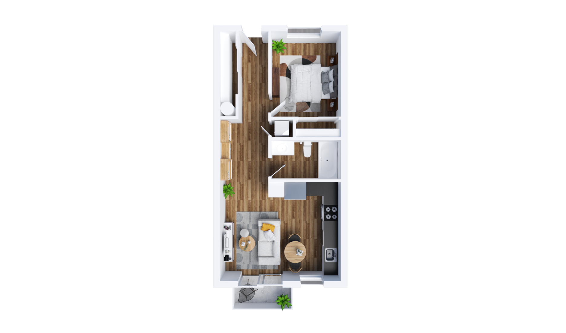 An aerial view of a floor plan of a one-bedroom, one-bathroom apartment.