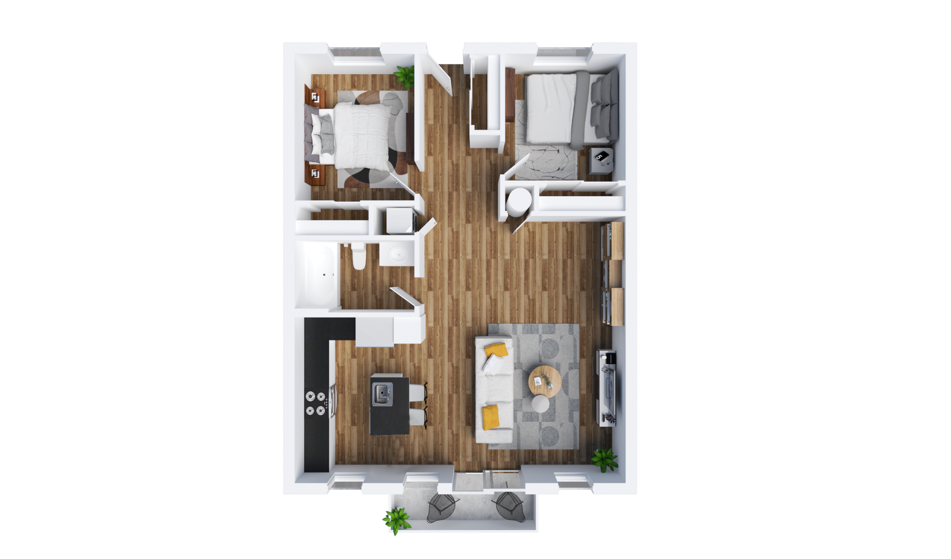 An aerial view of a floor plan of a one-bedroom, two-bathroom apartment.