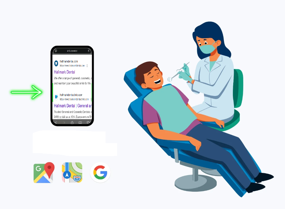 Person searching ‘dentist near me’ on smartphone with map view