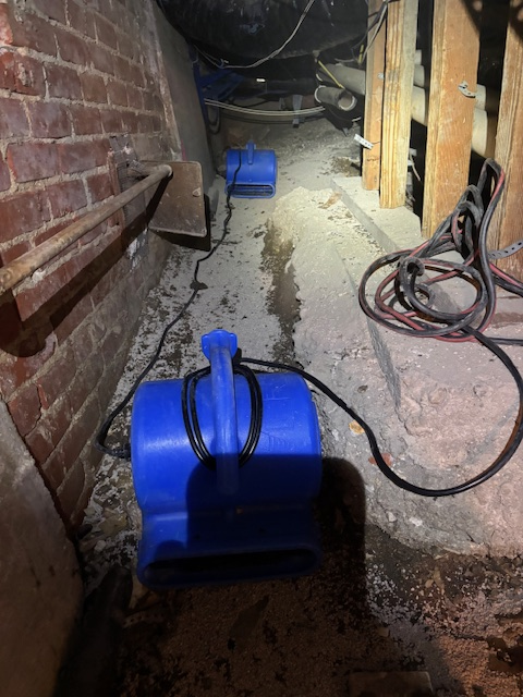 Two blue water extraction devices in a wet, narrow basement crawl space. Brick wall on left, wooden structure on right.
