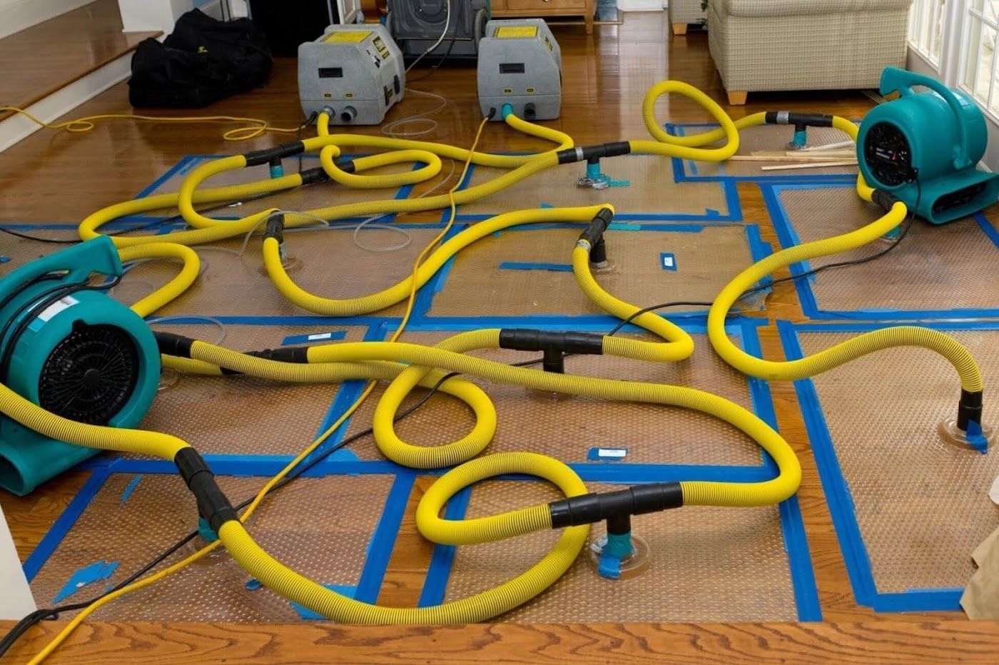 Floor drying equipment on a wet wooden floor, with yellow hoses and air movers.