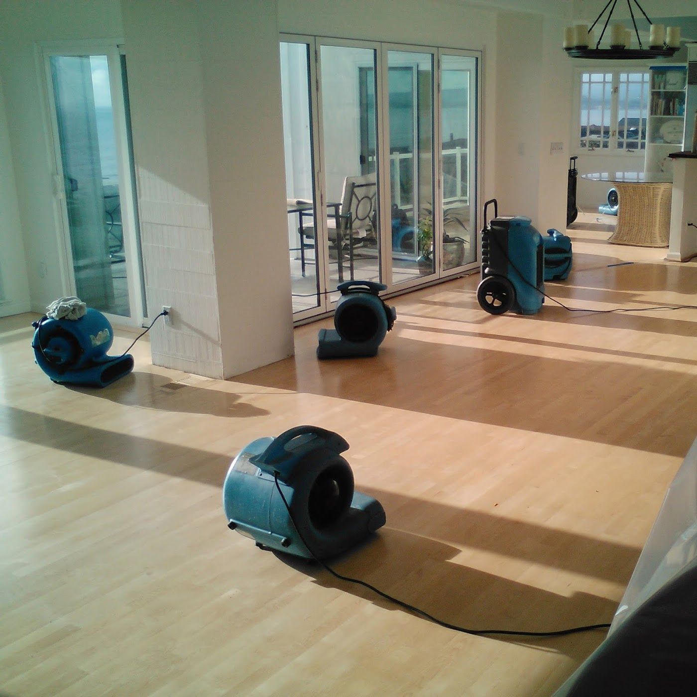 Fans drying a flooded room with hardwood floors and sliding glass doors.
