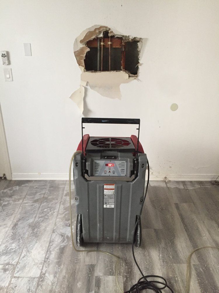 Dehumidifier in front of a damaged wall, hole exposes pipes, room with gray wood-look flooring.