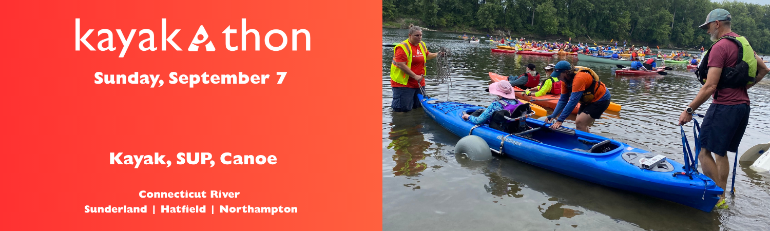 Image shows a person being helped into a kayak while a large flotilla waits behind words read 