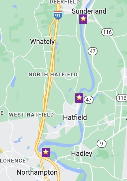 A map of the Connecticut River showing points in Sunderland, Hatfield, and Northampton.