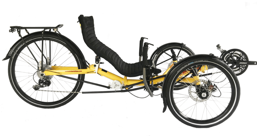 Image shows a yellow recumbent trike