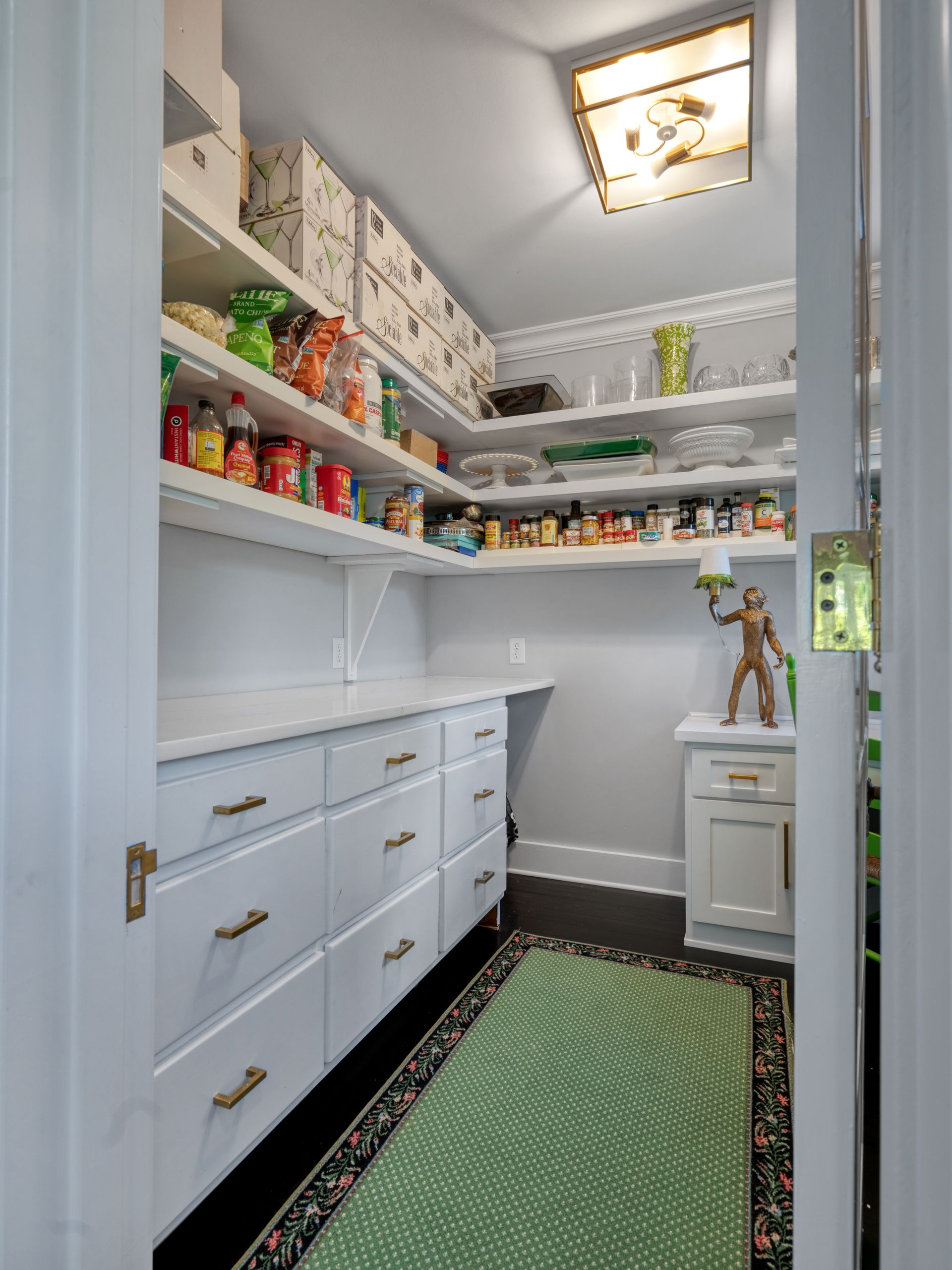 White pantry with shelves, drawers, and green rug. Shelves hold food items. Light fixture on ceiling.