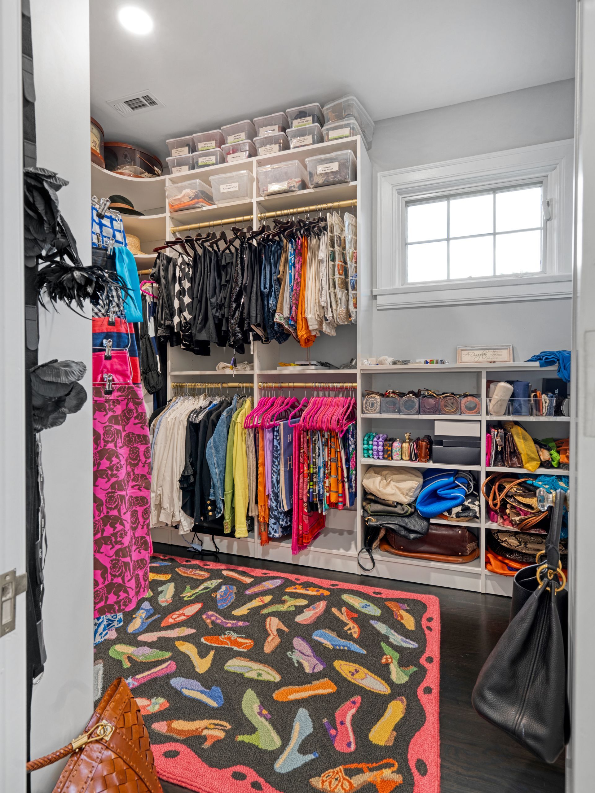 Walk-in closet with clothes racks, shelves, and clear storage bins. A rug with shoe designs covers the floor.
