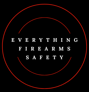 A logo for everything firearms safety is shown on a black background