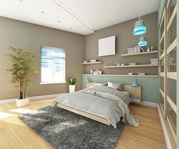 camera da letto con tappeto grigio e parquet