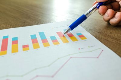 A hand holding a blue pen points to a stacked bar chart and line graph on a wooden table.