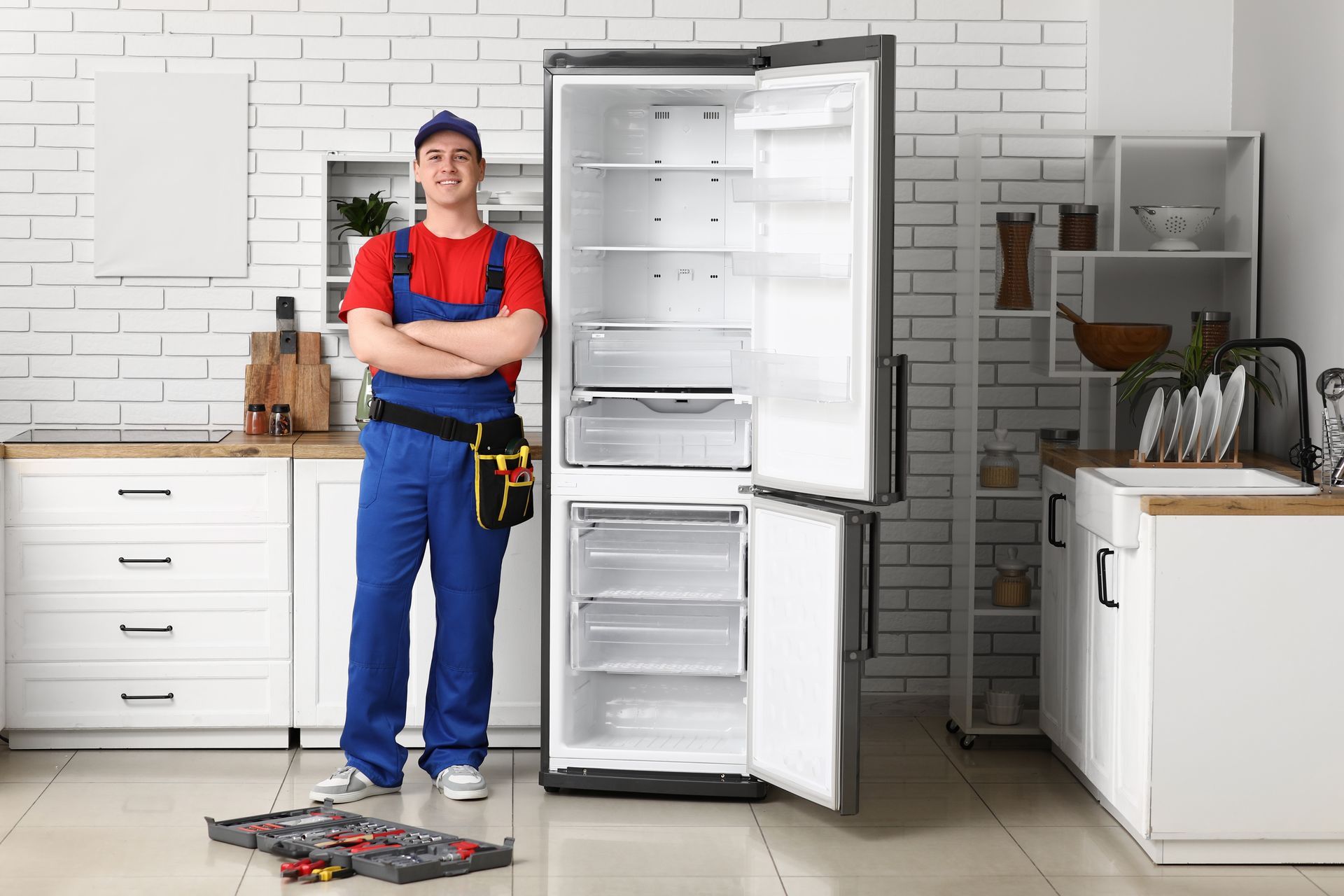 Appliance repair technician standing beside an open refrigerator in a bright kitchen, tools on the floor.