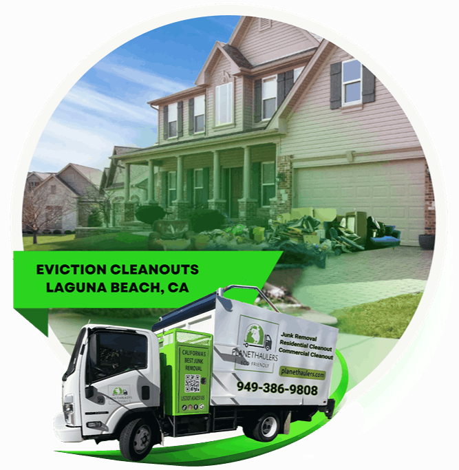 A pile of garbage in front of a house, with the Planet hauler dump truck, and  a text on it.