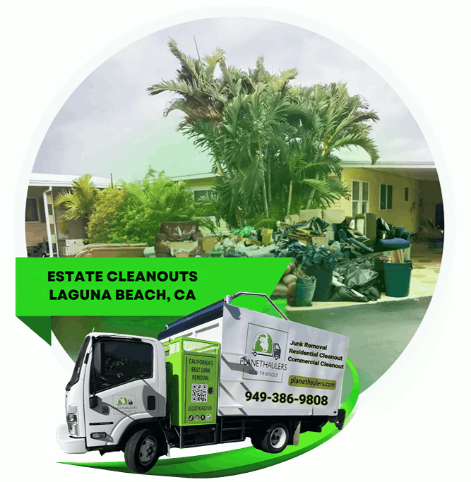 A pile of garbage in front of a house, with the Planet hauler dump truck, and a text on it.