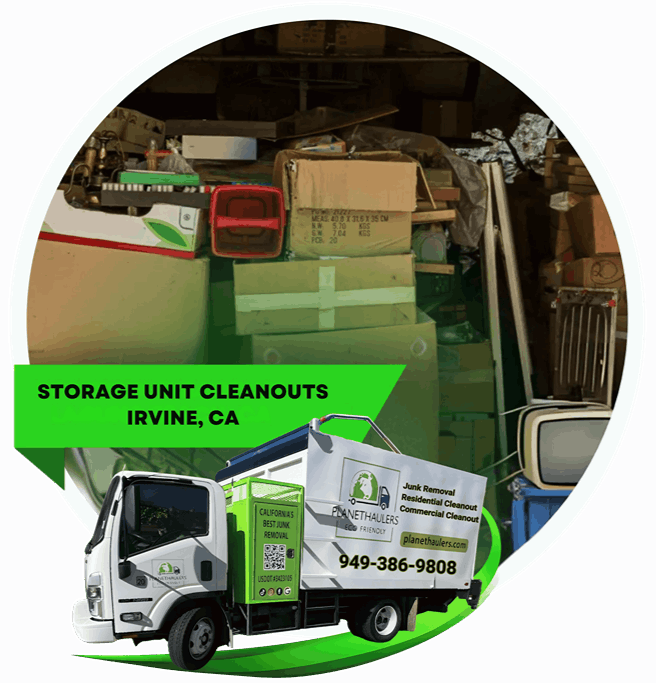 Storage junk inside a circle with pickup truck with texts.