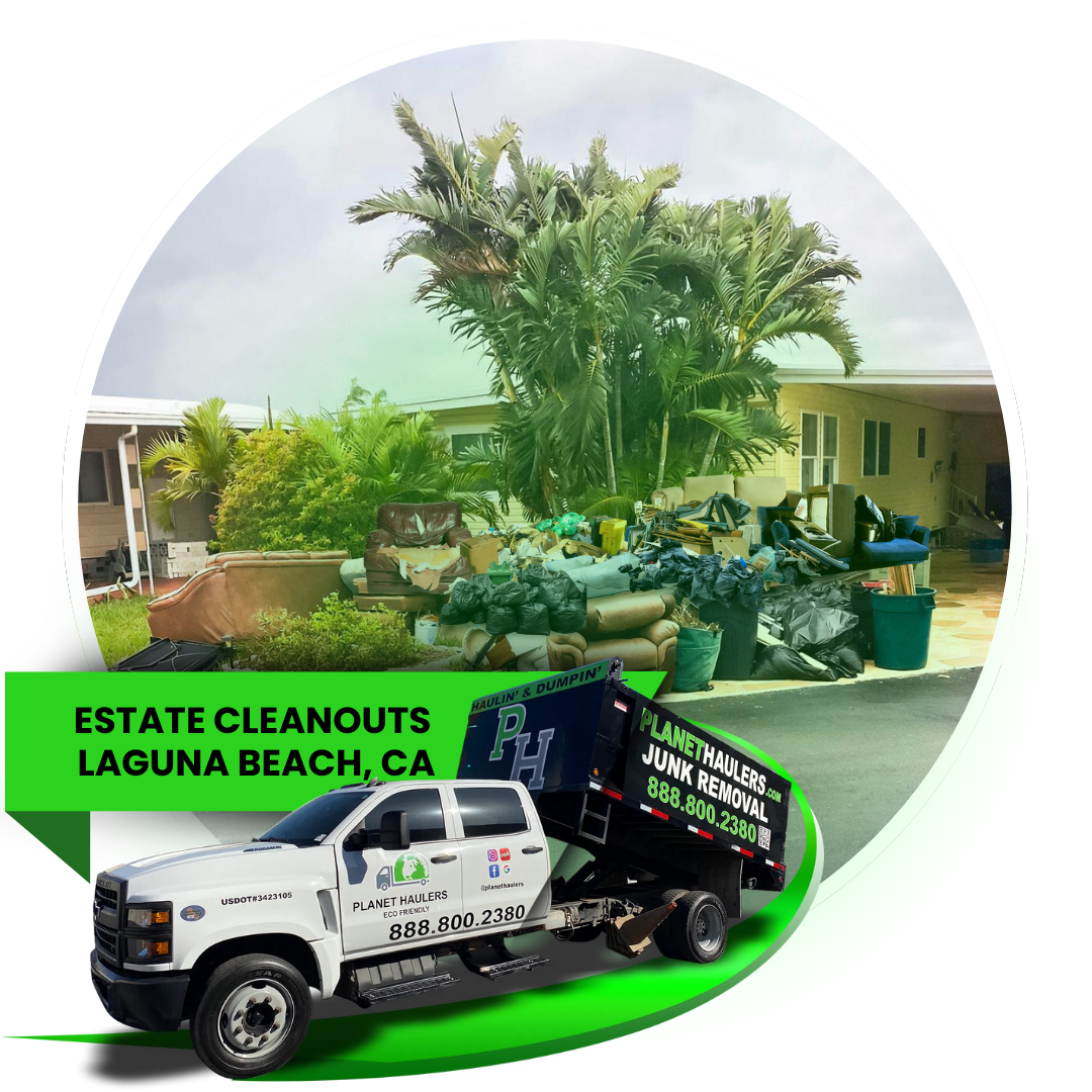 A pile of garbage in front of a house, with the Planet hauler dump truck, and  a text on it.