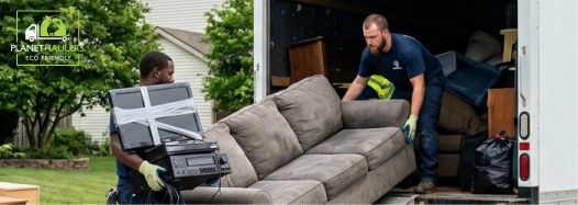 A professional junk removal truck being loaded with household furniture and electronics