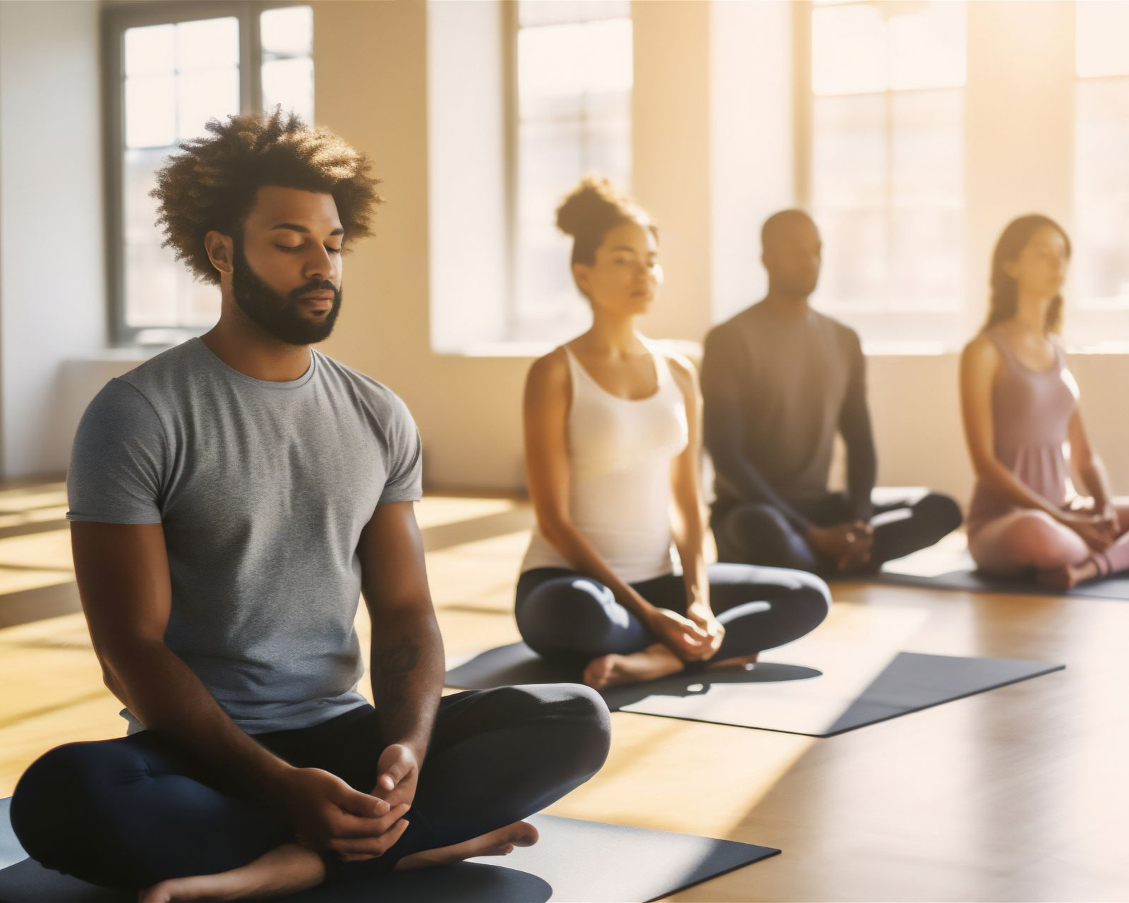 People meditating in a sunlit yoga studio, seated on mats with eyes closed, focused.