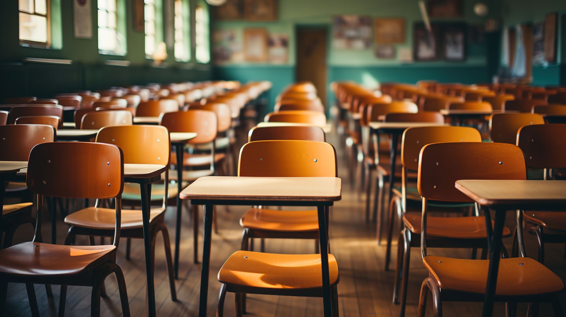 Photo of an empty classroom full of desks