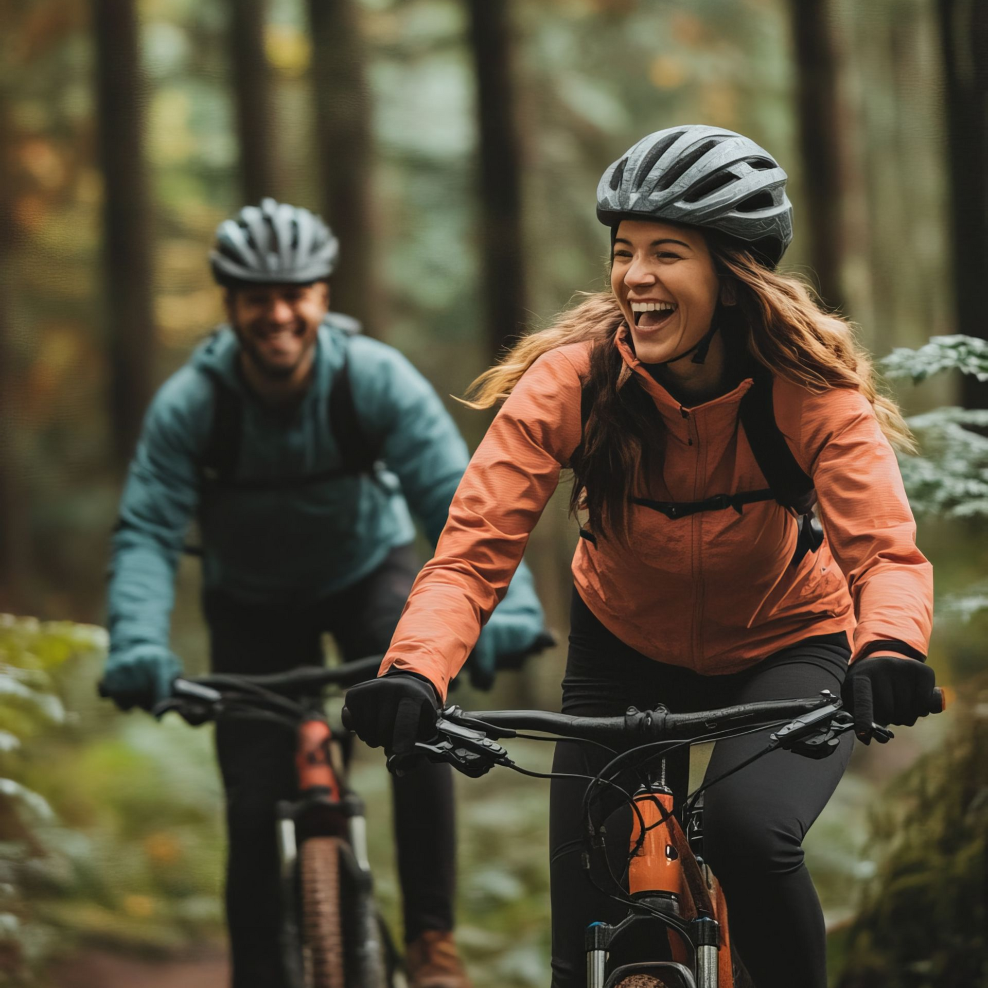 Woman laughs while mountain biking in a forest, man trails behind.