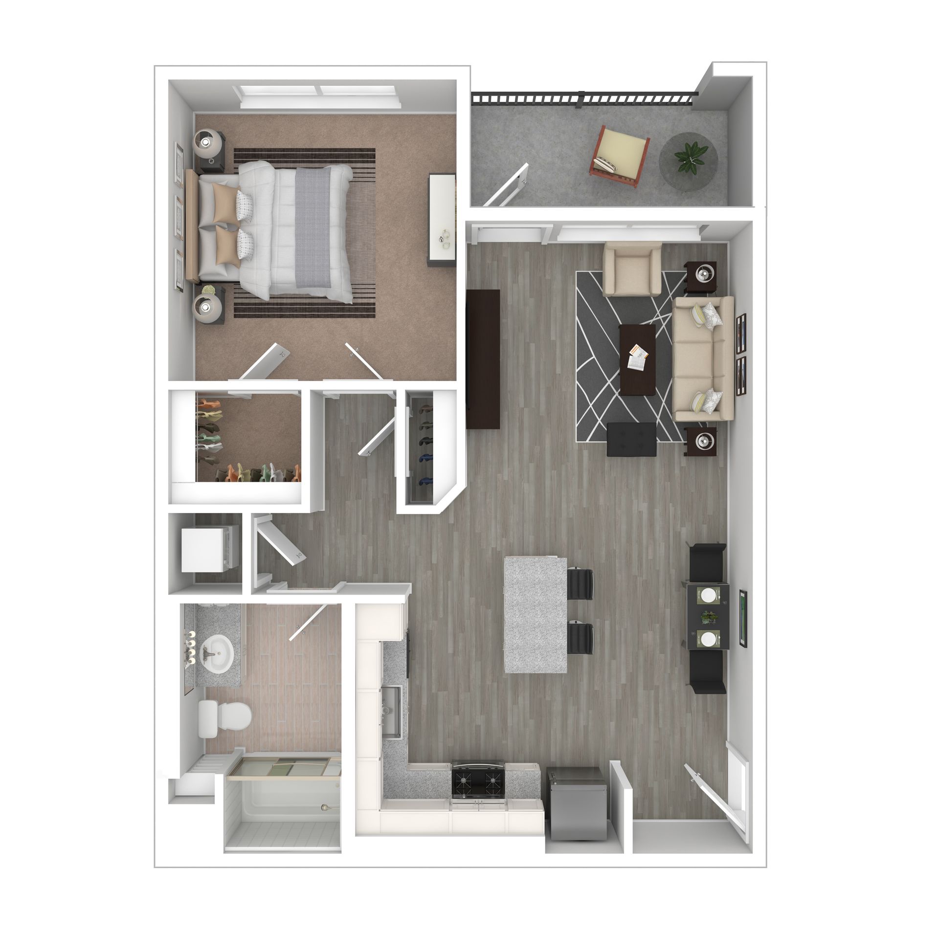 Floor plan of an apartment: bedroom, bathroom, kitchen, living area, and balcony.