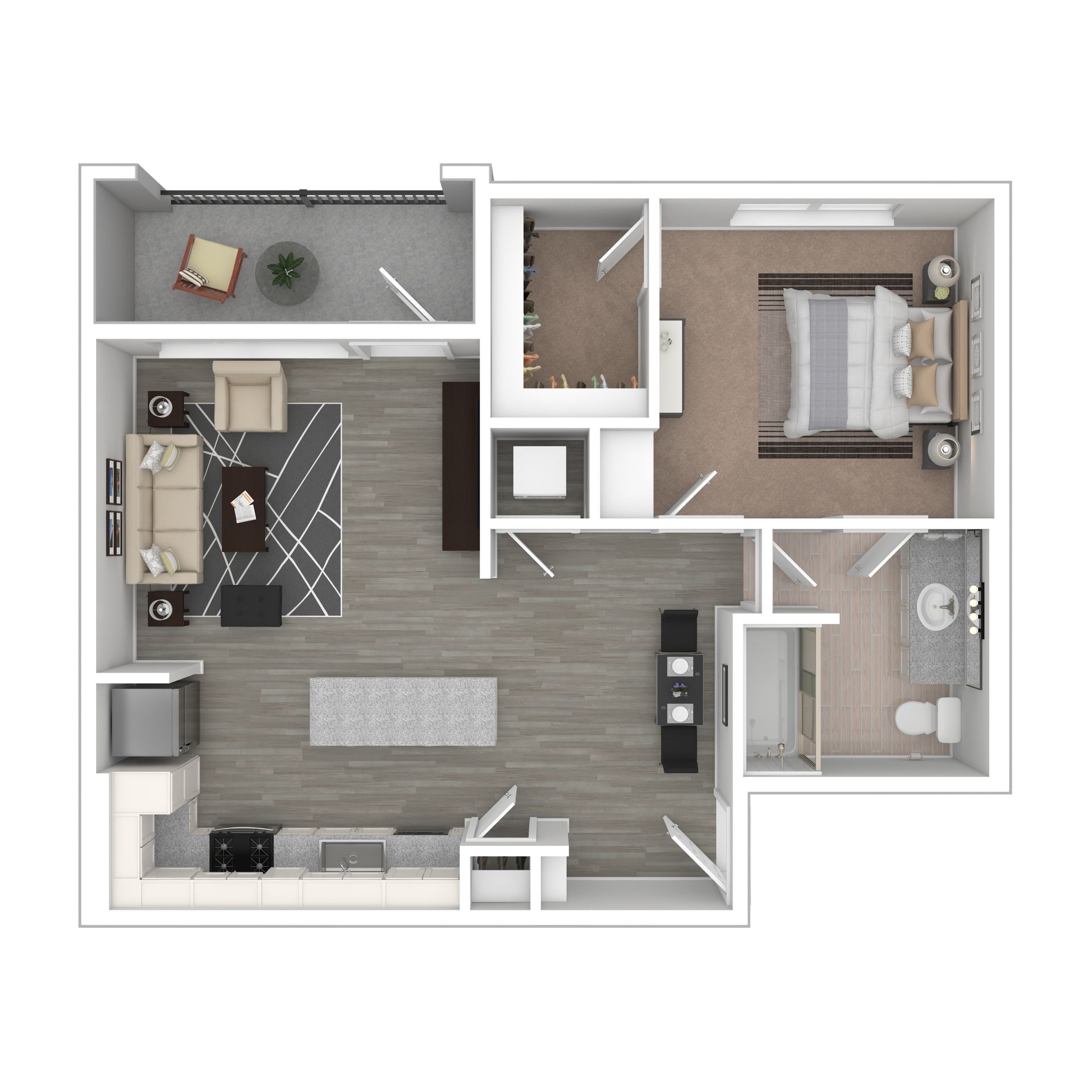 Floor plan of a one-bedroom apartment with a kitchen, living room, bedroom, bathroom, and balcony.
